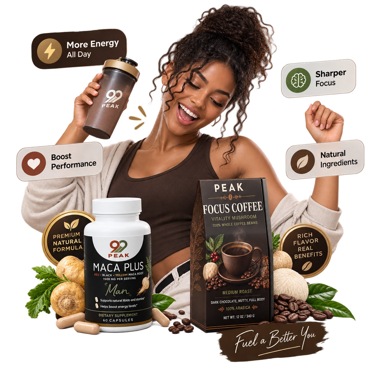 99 Peak Focus Coffee and Maca Plus wellness collection