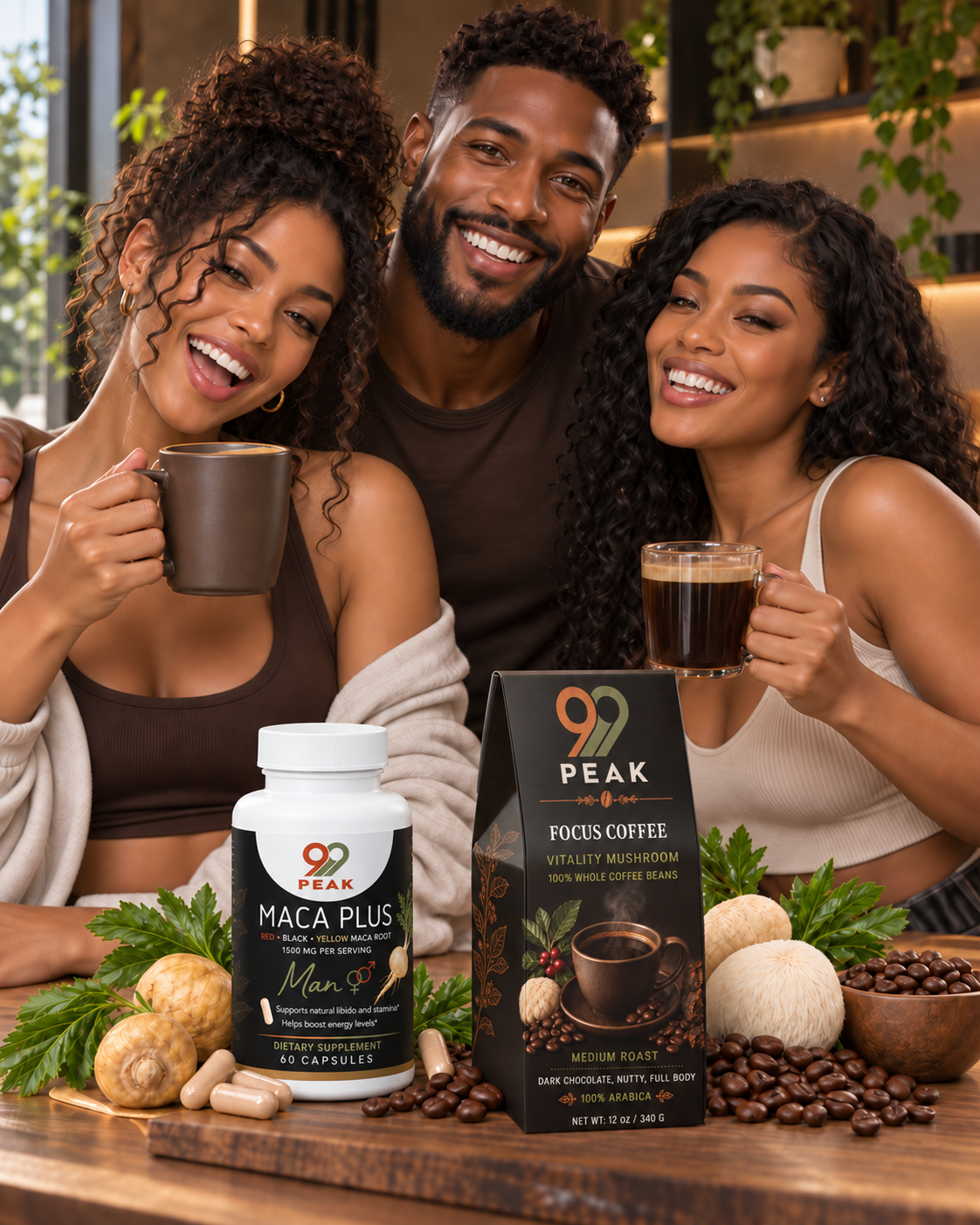 Two women and one man enjoying 99 Peak Focus Coffee and Maca Plus