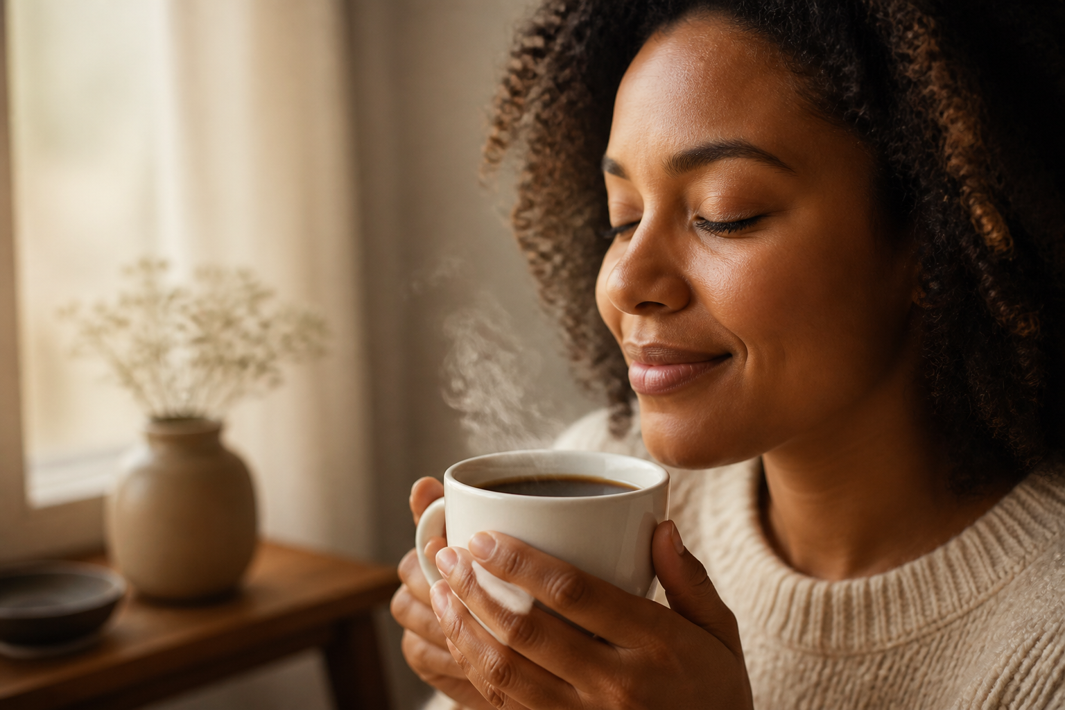 Woman enjoying the aroma of a warm cup of coffee