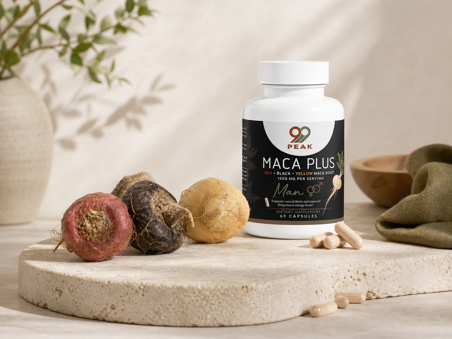 Maca Plus with red, black and yellow maca roots
